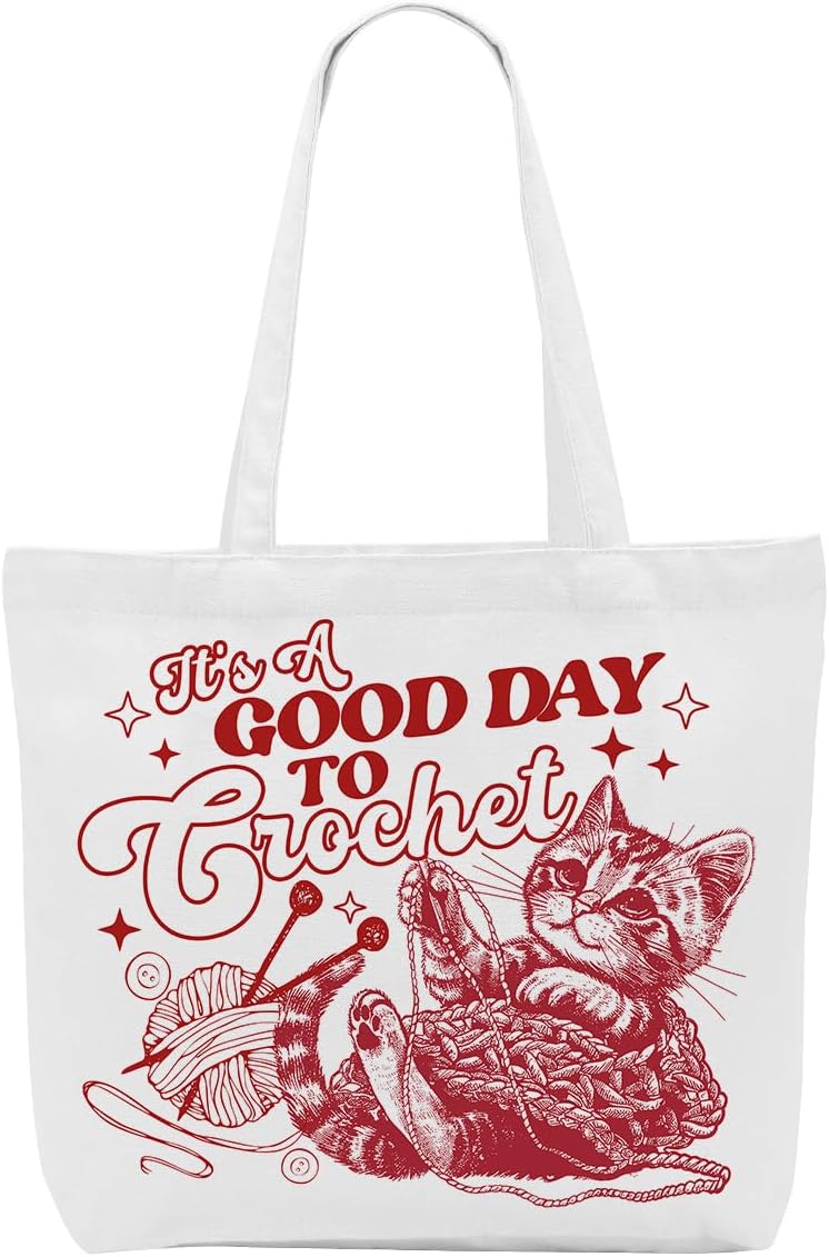 Crochet Knitting Humor Yarn Gifts Canvas Tote Bag, Reusable Grocery Shopping Bags for Crocheters Christmas