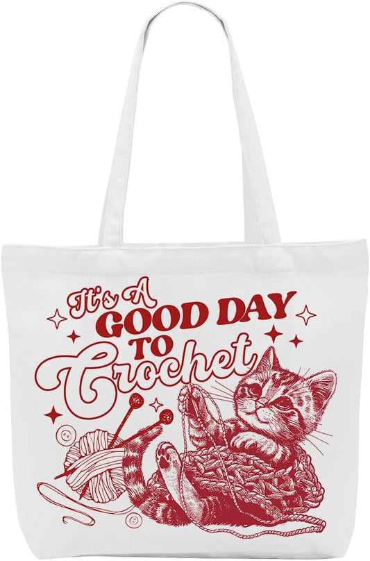 Crochet Knitting Humor Yarn Gifts Canvas Tote Bag, Reusable Grocery Shopping Bags for Crocheters Christmas