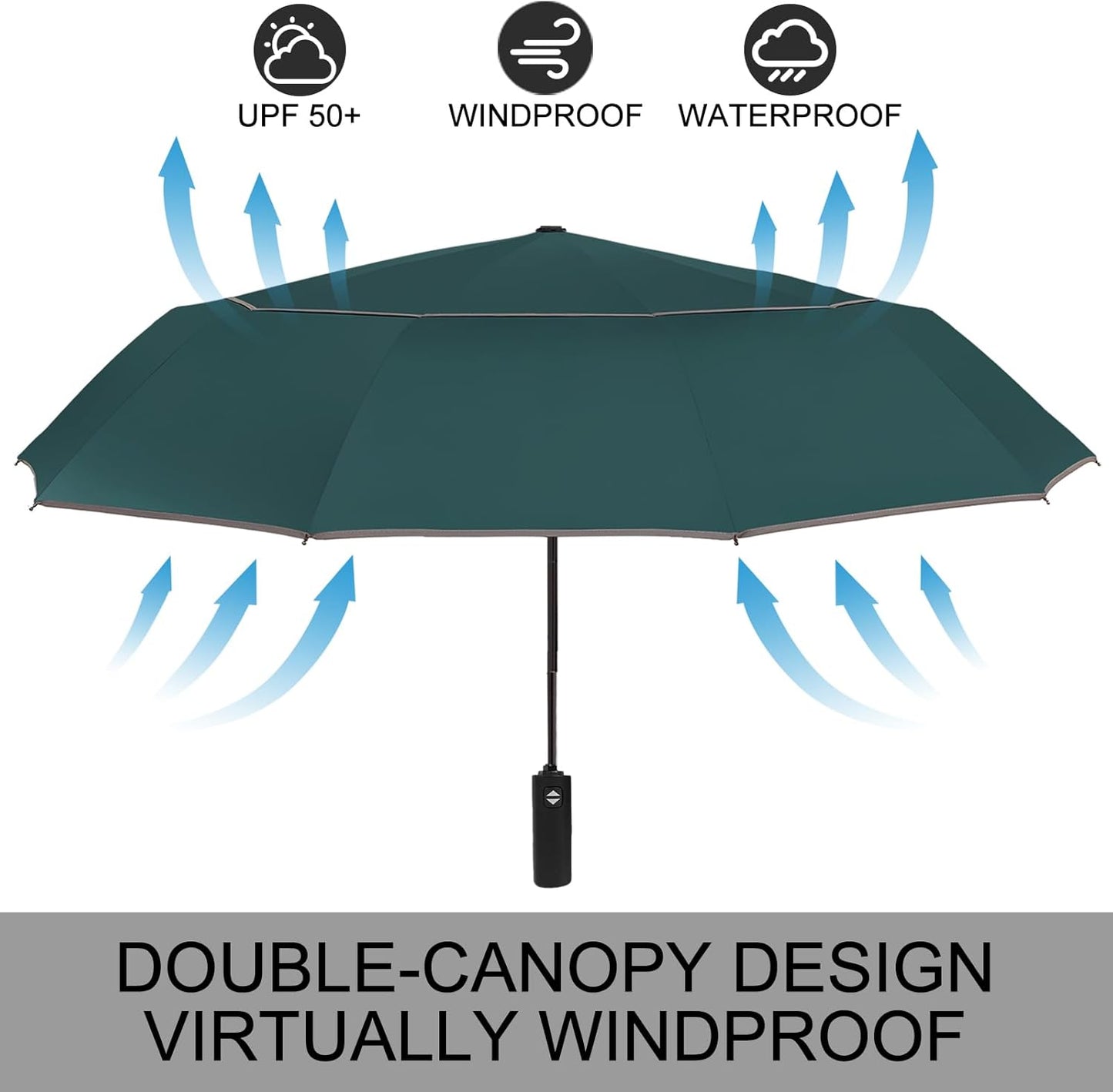 Satol Extra Large Golf Umbrella, 46/54/62 Inch Windproof 10 Ribs Vented Double Canopy Reflective Strips Automatic Open/Close Waterproof UV Protection Portable Compact Umbrella for Outdoor & Travel