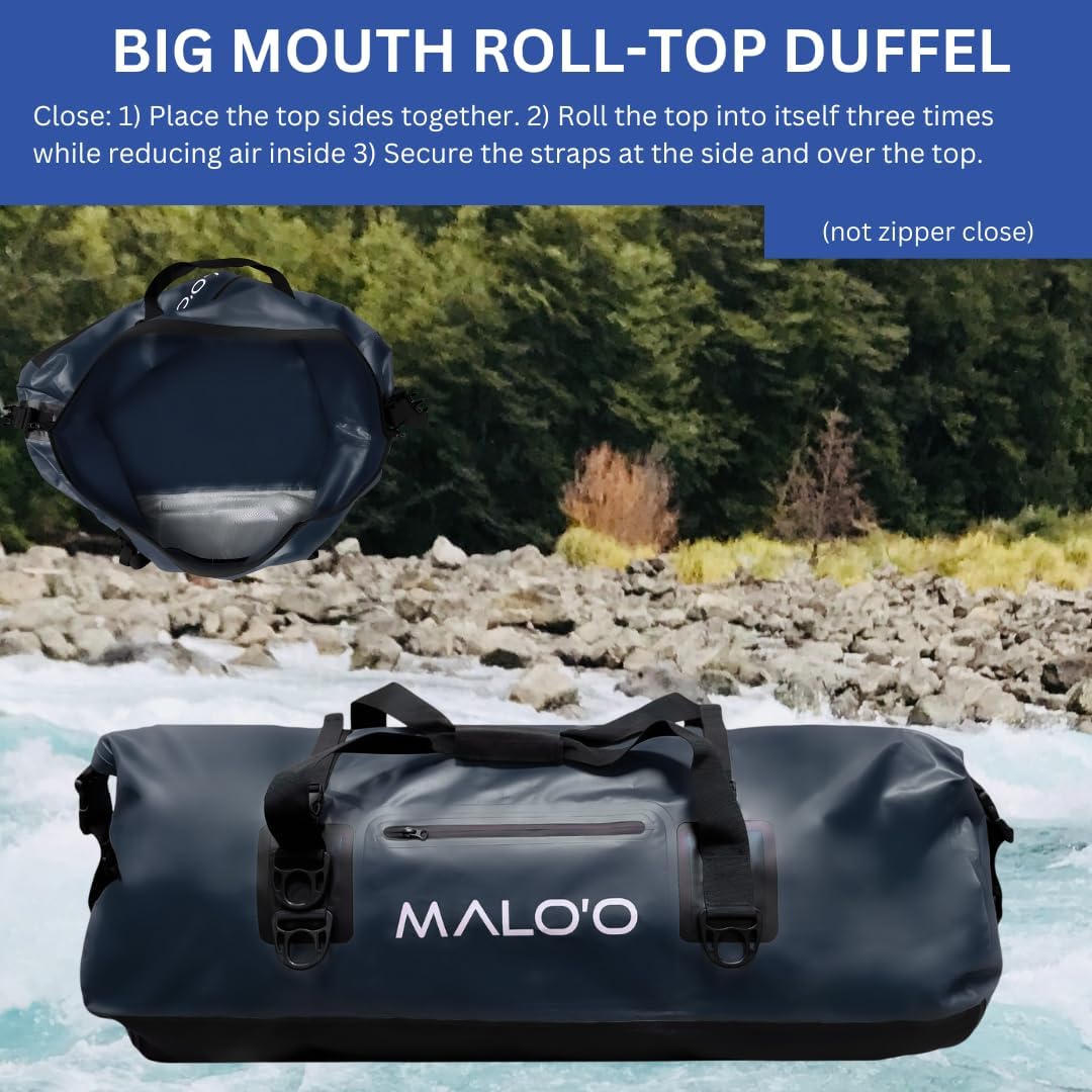 Malo’o Waterproof Dry Duffel, Heavy-Duty Roll Top Waterproof Gear Bag with Shoulder Strap & Molle Loops, Marine Duffel for Kayaking, Boating, Camping, Beach & Travel, Black, 100L