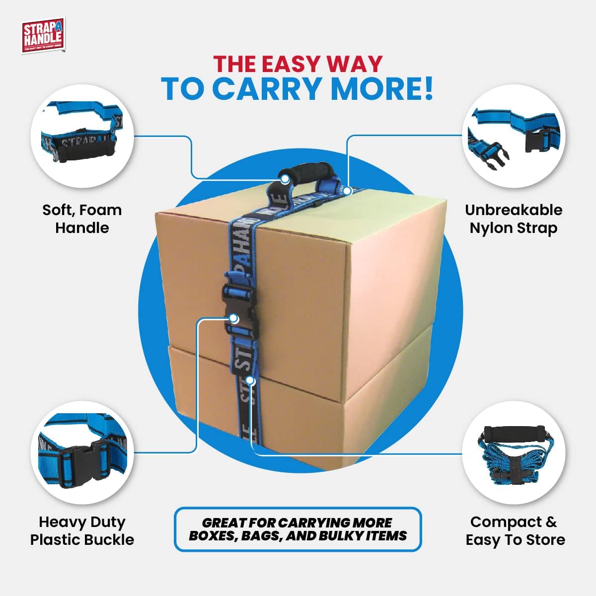 6' Carry Strap with Handle | 2-Pack | Adjustable Belt | Easy, Safe, Secure, Lifting, Moving, Carrying Heavy Boxes, Groceries | Best Luggage Strap (Strap-A-Handle 2 Pack - 6ft. Length, 40lb. Capacity)