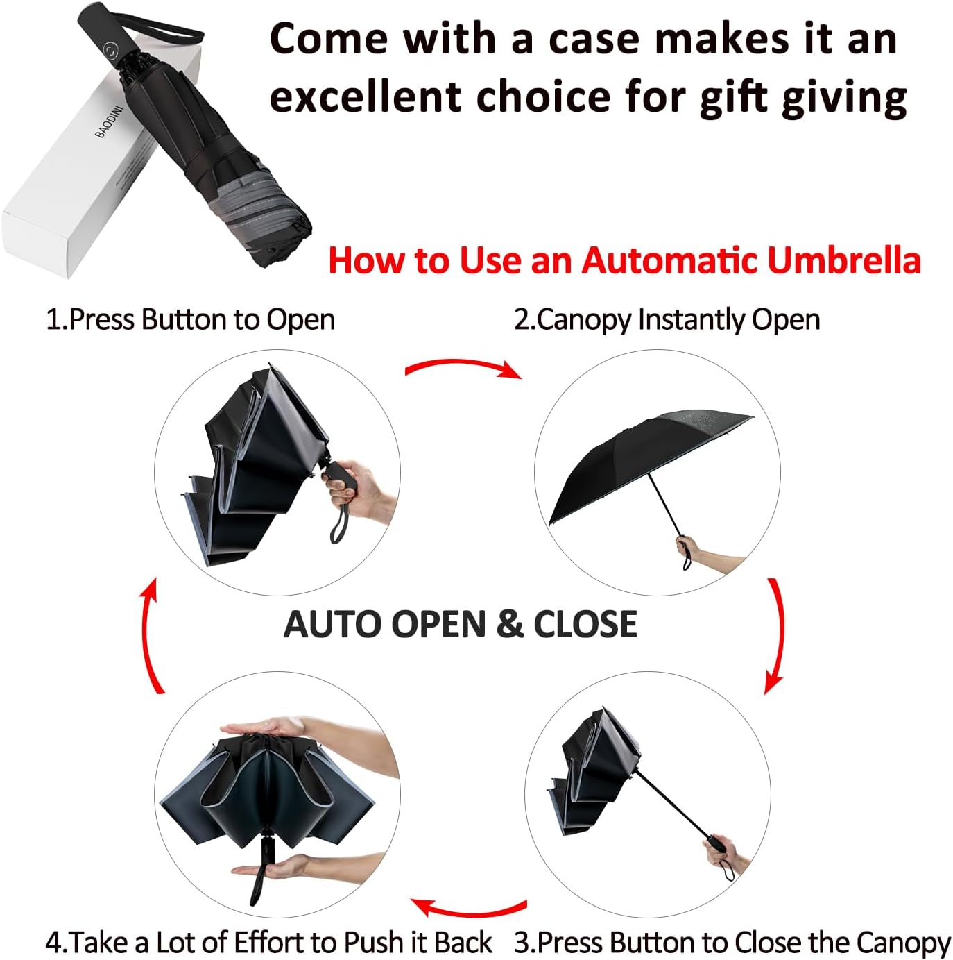 BAODINI Inverted UV Umbrella for Rain and Sun Medium Size UPF 50+ Rverse Compact Umbrella Auto Open Close