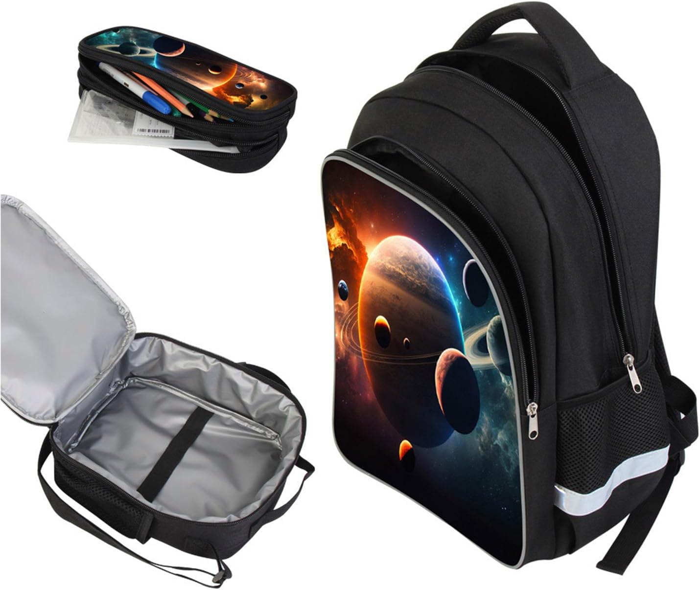 Kids School Backpack Set for Boys and Girls, Space Planets Theme, Kids Galaxy Backpack with Lunch Box and Pencil Case, 3Pcs Combo, Ipad Compartment, Idea for Student Aged 6-18