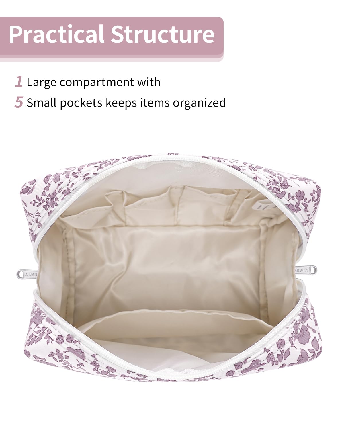 Narwey Cute Floral Makeup Bag Travel Cosmetic Bag Organizer Toiletry Bag Make Up Bags with Organized Pocket for Women Girls (Large, Little Dusty Pink Flower)