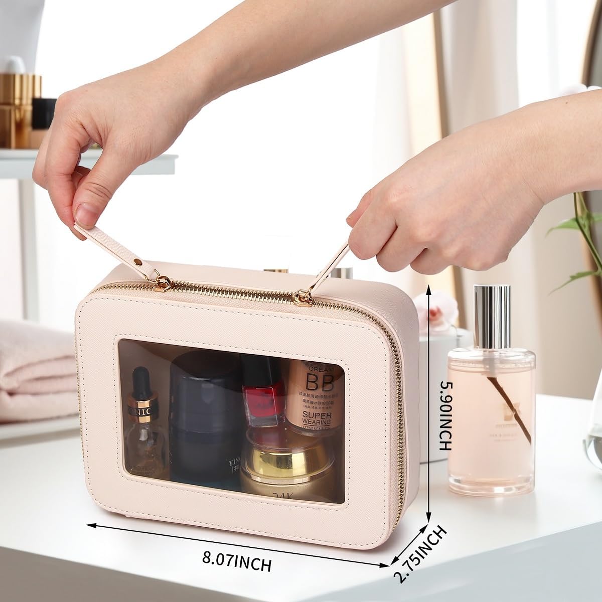 Clear Makeup Bag Set Portable Travel Cosmetic Bag and Toiletry Bag Women's Purse Pouch Cosmetic Stroage Organizer Bag with Zipper Car Essentials (Beige, M+Mini)