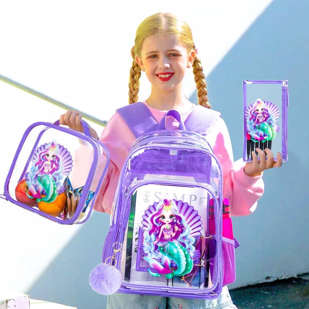 Clear Backpack for Girls and Boys, Kids Transparent Bookbag, 3PCS Cute See Through School Bag for Elementary Prechool