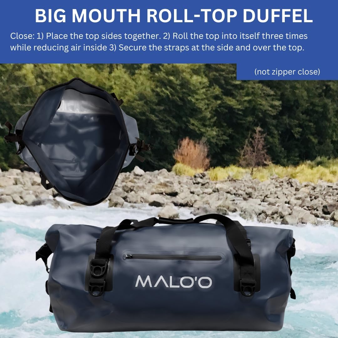 Malo’o Waterproof Dry Duffel, Heavy-Duty Roll Top Waterproof Gear Bag with Shoulder Strap & Molle Loops, Marine Duffel for Kayaking, Boating, Camping, Beach & Travel, Black, 60L