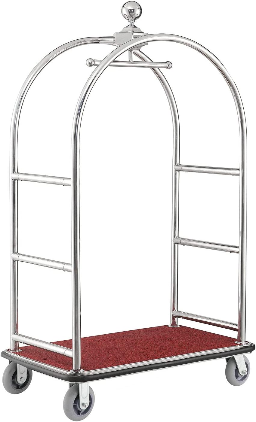 Global Industrial Silver Stainless Steel Bellman Cart Curved Uprights 6" Rubber Casters, 41-1/4"L x 24" W x 73" H, Hotel Luggage Cart for Commercial Use, Condos, Resorts
