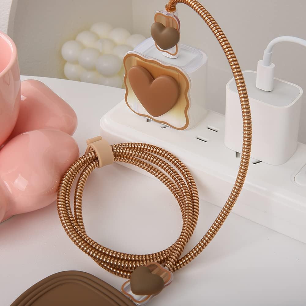 Compatible with iPhone 18W/20W USB-C Charger Cover Lovely 3D Love Heart Waves Clear Soft Charger Protector Cute Cable Saver for iPhone 11 12 13 14 Pro Max Fast Power Adapter, Brown 1 (5in1)