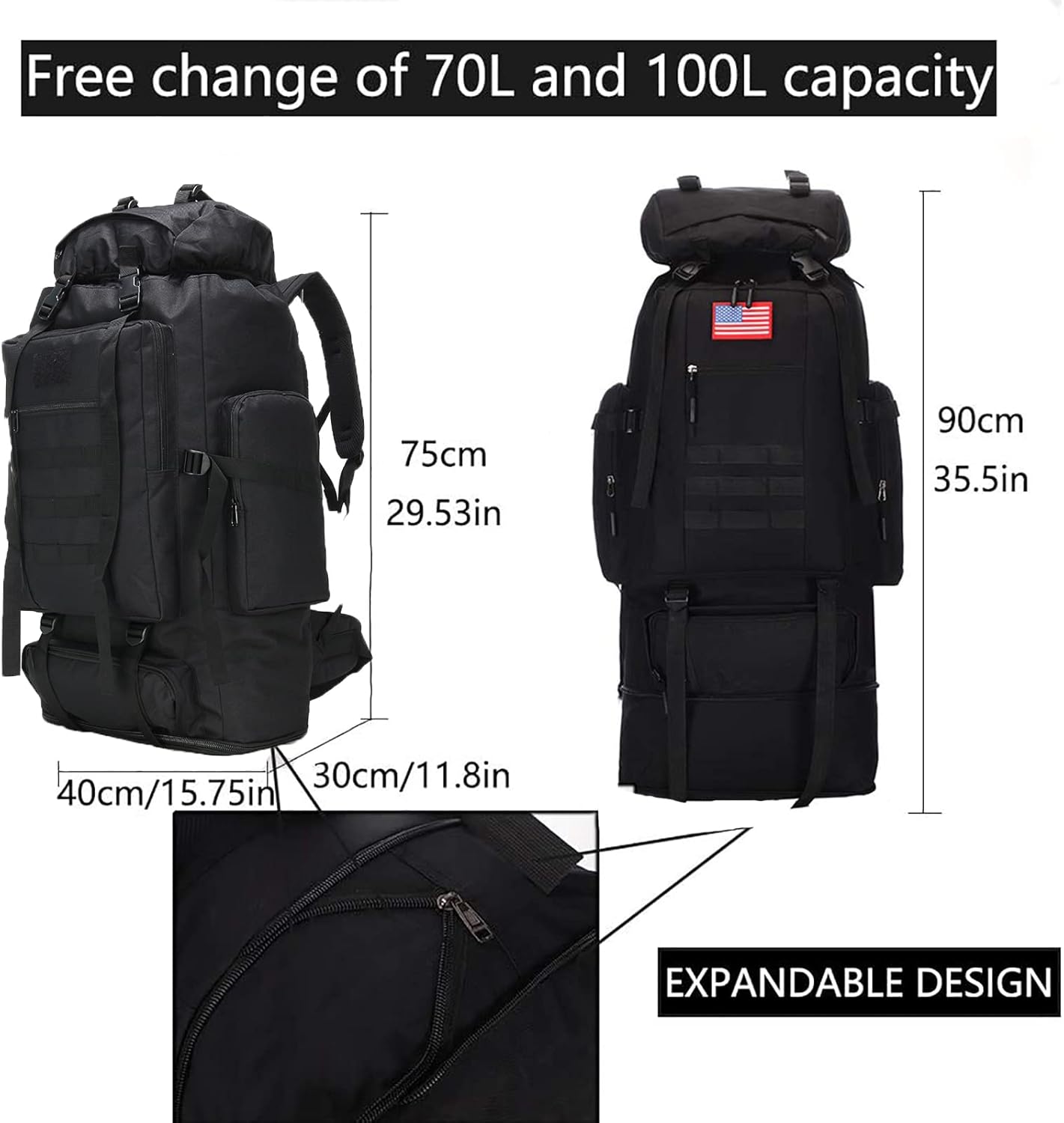 Hiking Backpack for Men 70L/100L Camping Backpack Military Rucksack Molle 3 Days Assault Pack for