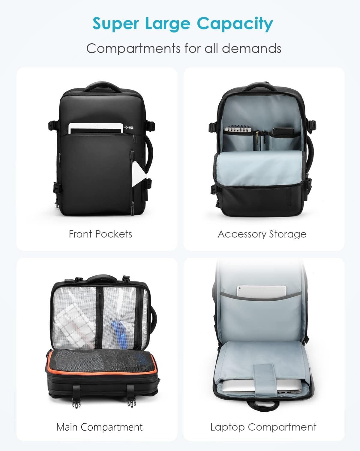 HOMIEE 40L Travel Backpack TSA Approved Personal Item Bag Carry on Luggage 18x14x8 Expandable Laptop Backpack for Men Women, Black