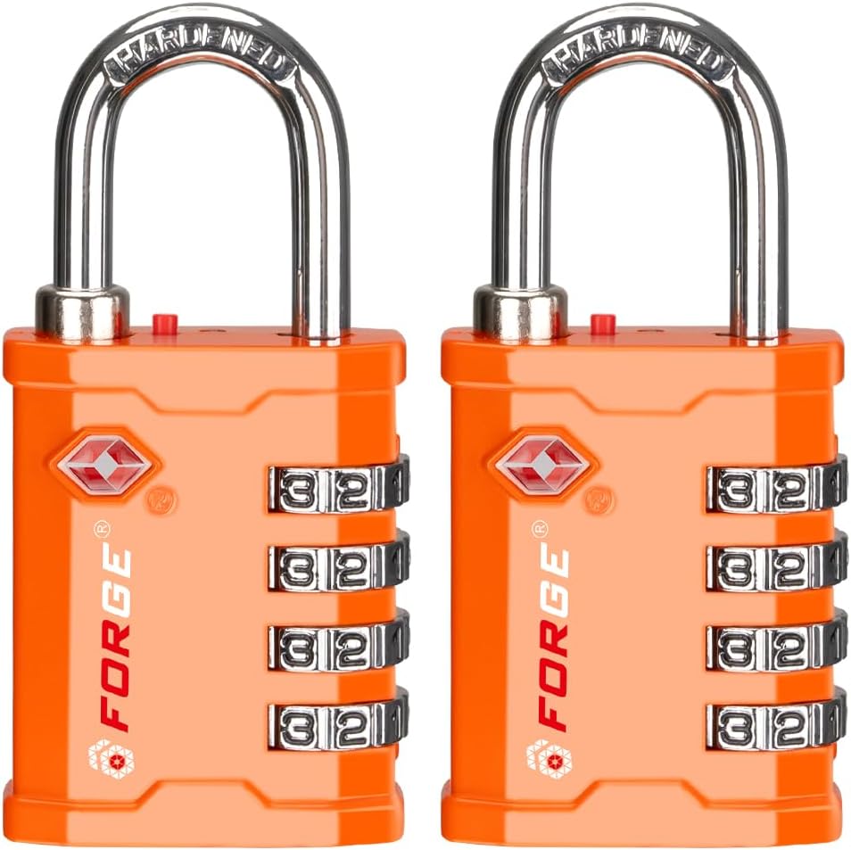 FORGE 4-Digit TSA Approved Travel Locks – TSA008 Key System, Key Duplication Impossible, Heavy-Duty Combination Padlock for Travel, Gym, Pelican Case. Orange 2 Locks.