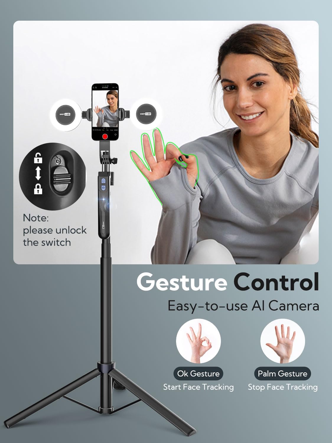 USKEYVISION Auto Face Tracking Tripod 360 Rotation,Phone Tripod for iPhone w/Fill Light,Selfie Stick for iPhone w/Remote Control,70” Phone Holder Video Recording for Content Creators TikTok(UTK-02)
