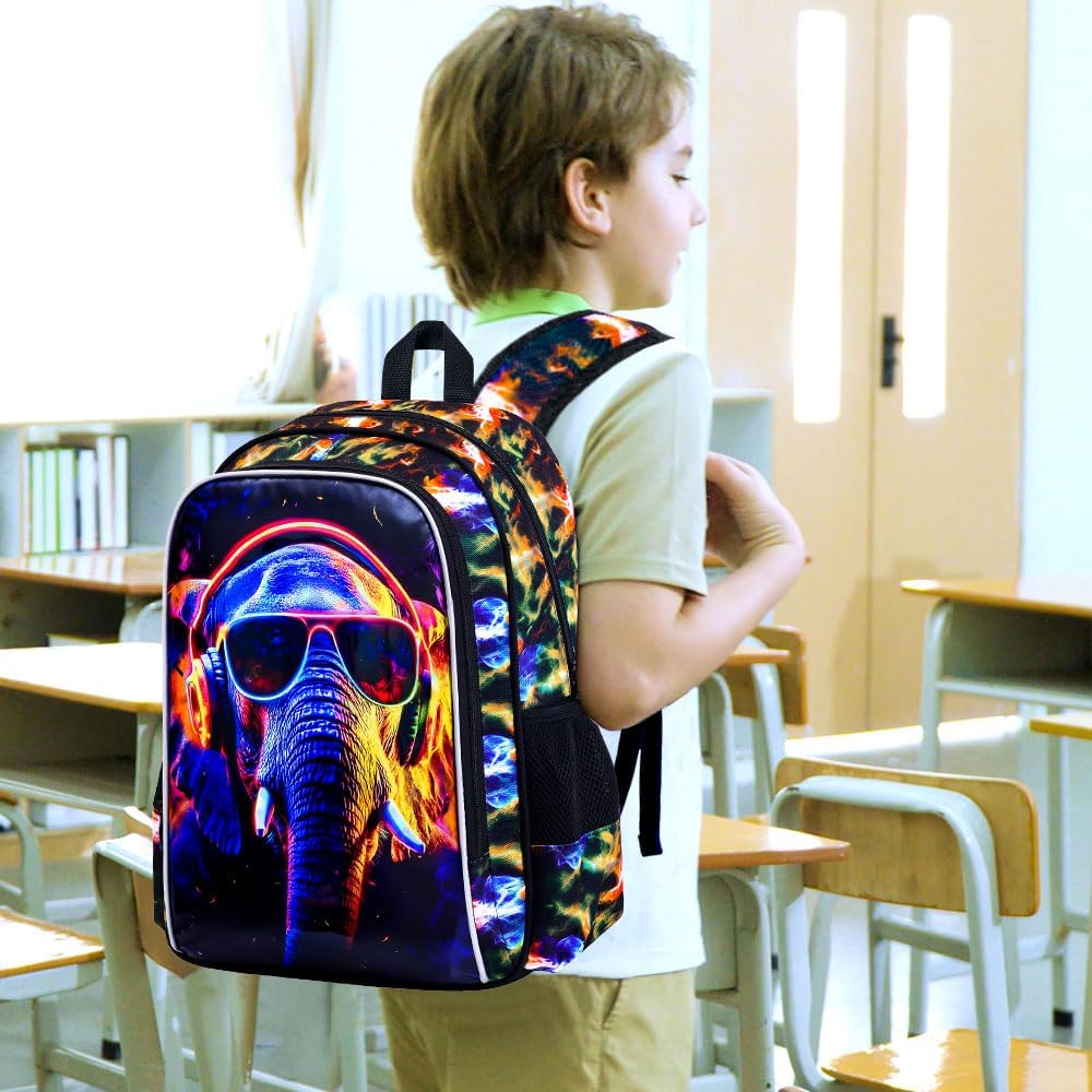 3PCS Boys Elephant Bookbag, Water Resistant Kids Backpack with Lunch Box, 17" School Bag Set for Teenagers Middle Elementary - Sunglasses Elephant