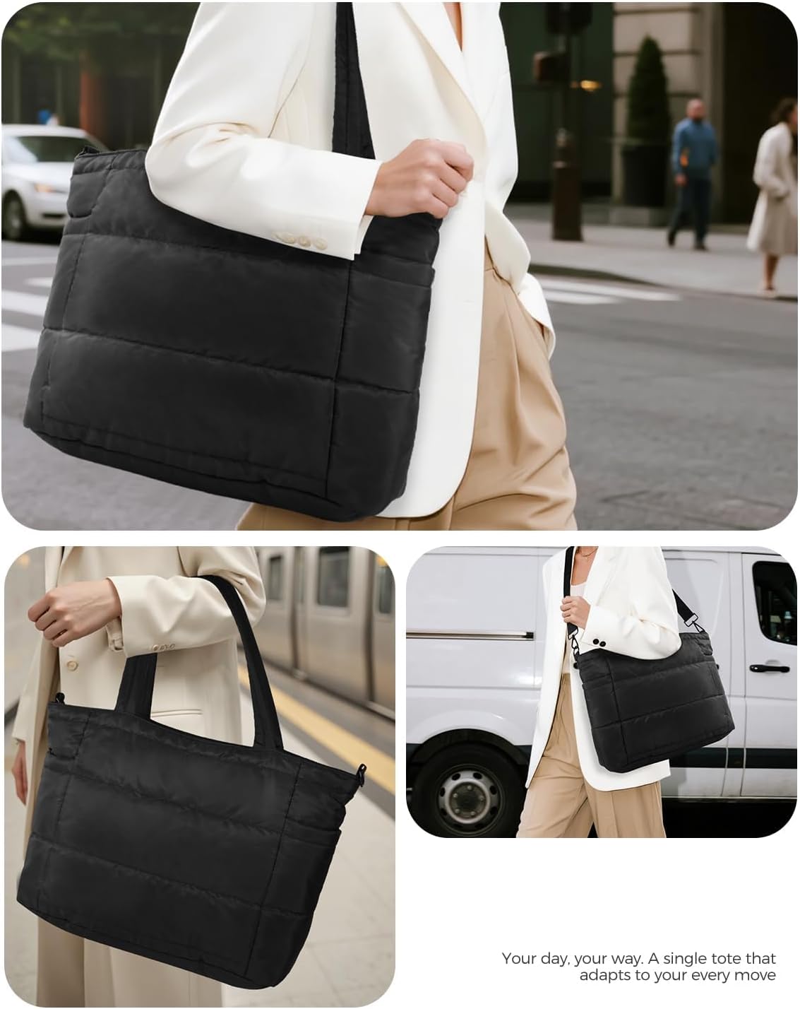 Puffer Tote Bag for Women, Lightweight Quilted Work Purse with Phone Pocket Fits 15.6" Laptop for Nurse Teacher Travel