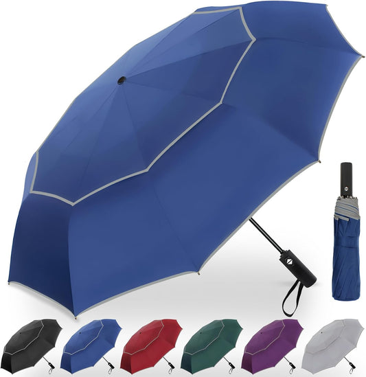Satol Extra Large Golf Umbrella, 46/54/62 Inch Windproof 10 Ribs Vented Double Canopy Reflective Strips Automatic Open/Close Waterproof UV Protection Portable Compact Umbrella for Outdoor & Travel