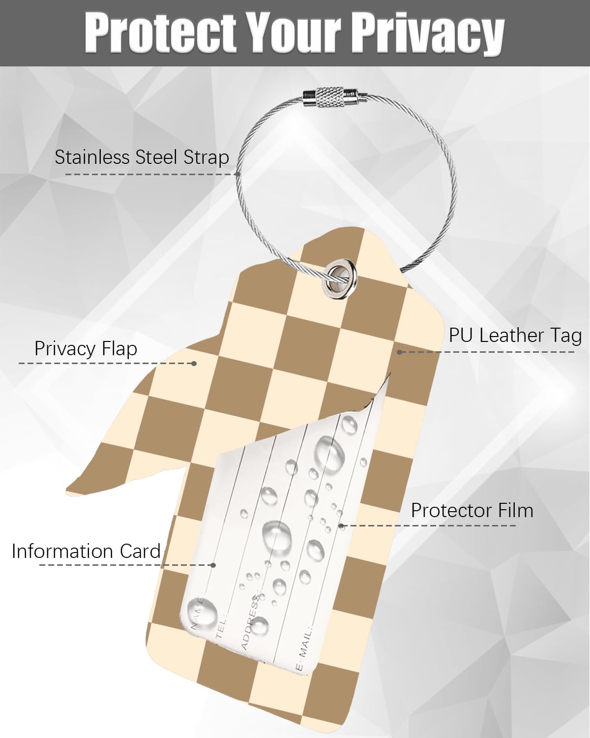2 Pack Luggage Tags for Suitcase, Fashion Leather Suitcase Tags Cruise Ship with Privacy Cover and Double Metal Loop for Women Men Girls Boys Travel Baggage Bag Backpack Tags，Beige Checkered