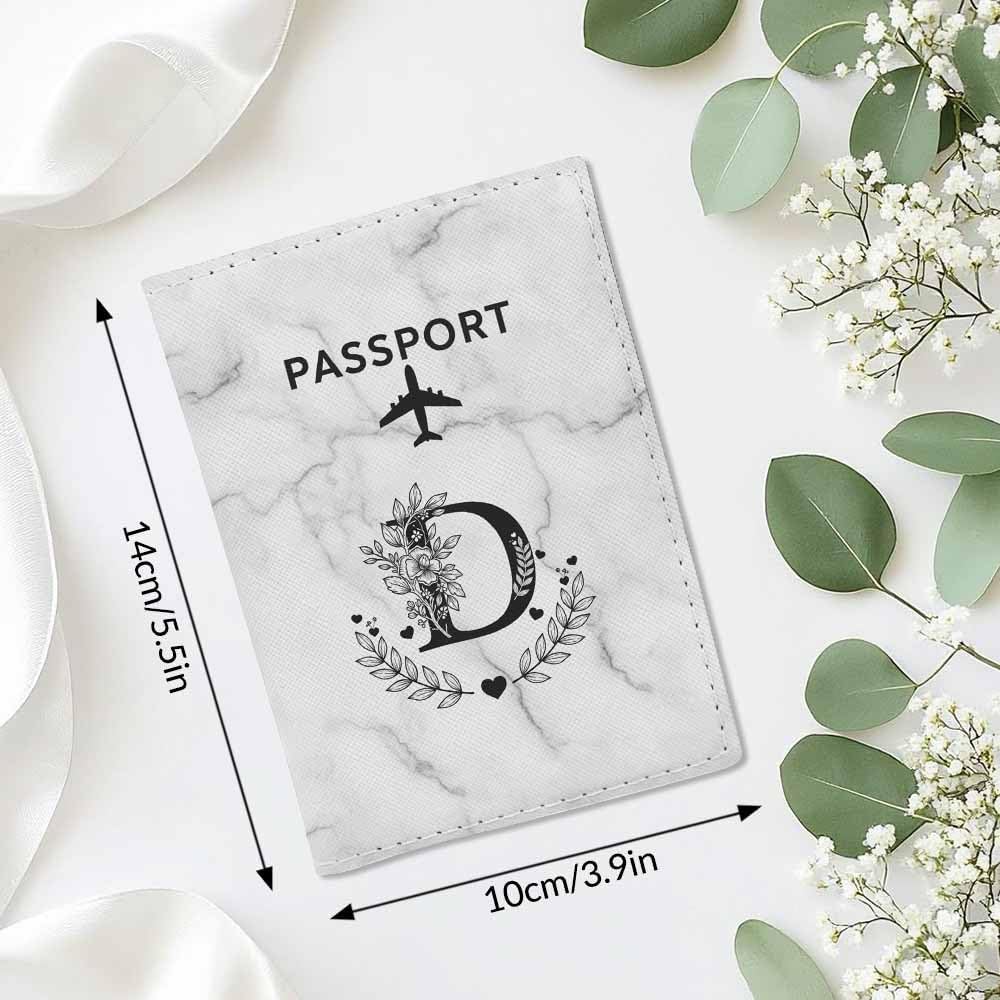 Flower D Passport Holder for Travel Marble Simple Style Black Gray PU Leather Passport Cover Wallet Cute Passport Card Holder for Women and Men