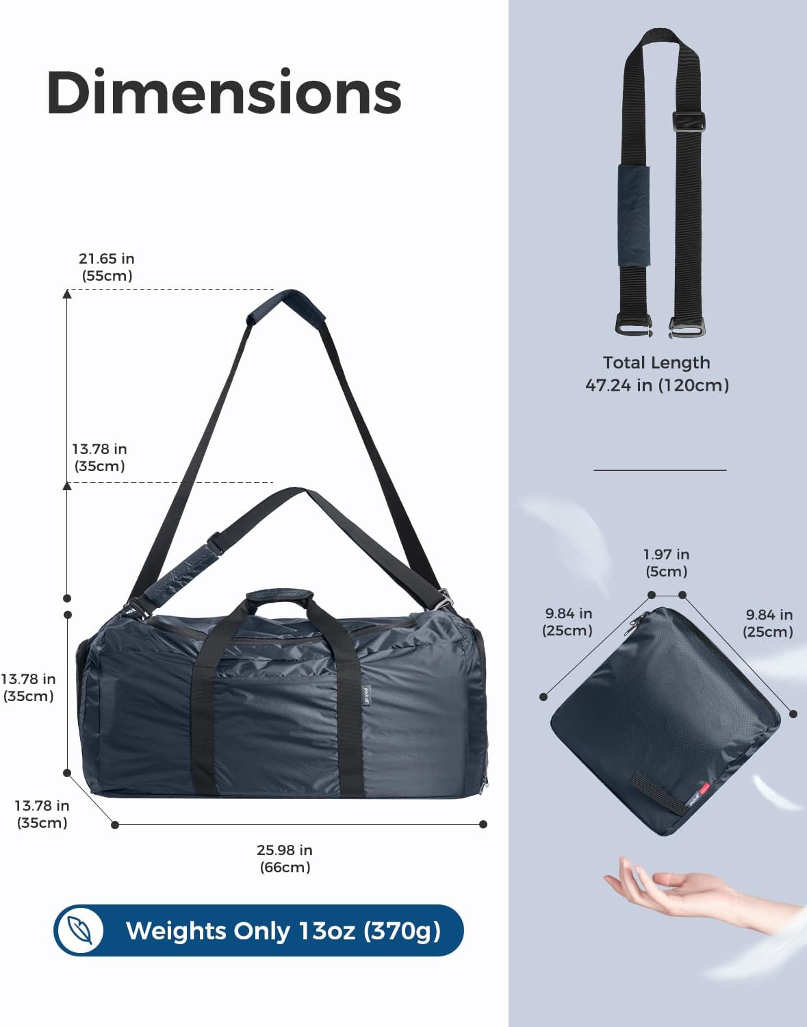 pack all 65L Foldable Travel Duffel Bag, Packable Weekender Bag with Shoe Compartment, Water-Resistant Gym Bag with Adjustable Strap for Overnight, Sports and Camping (Navy)