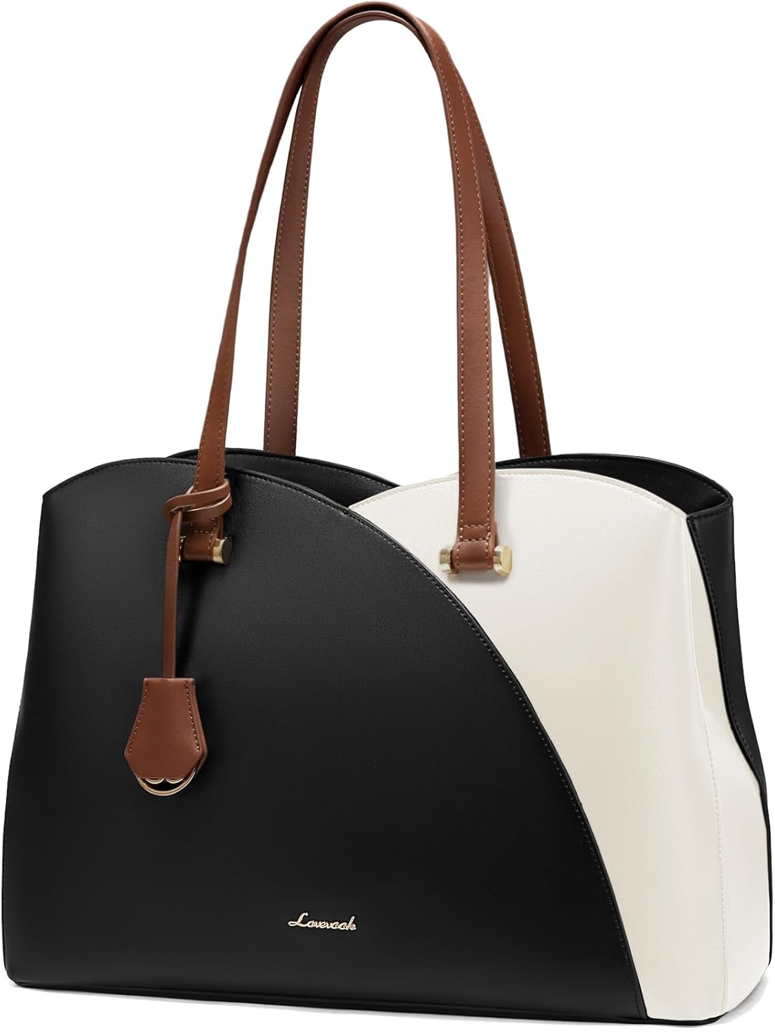 LOVEVOOK 17 Inch Laptop Tote Bag for Women, Work Bags Laptop Bag Teacher Tote Bag, Leather Computer Bag Large Purses Handbag Professional Briefcase, Black-Beige-Brown
