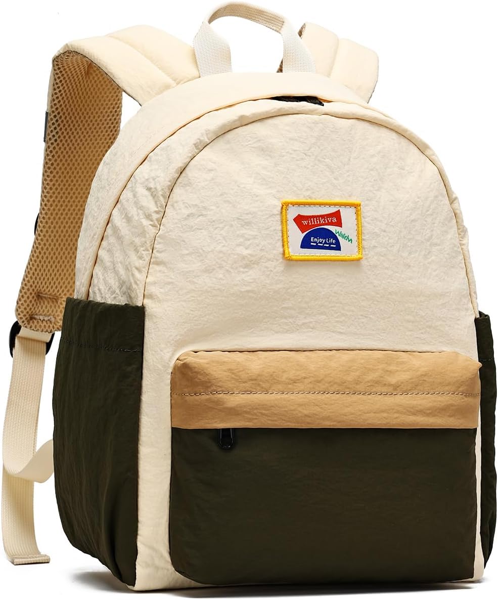willikiva Kids Backpack for School Boys Girls Teens Toddler Backpack Waterproof Kindergarten Preschool Elementary Bookbag Children Travel Bag(Off White Deep Green,Small)