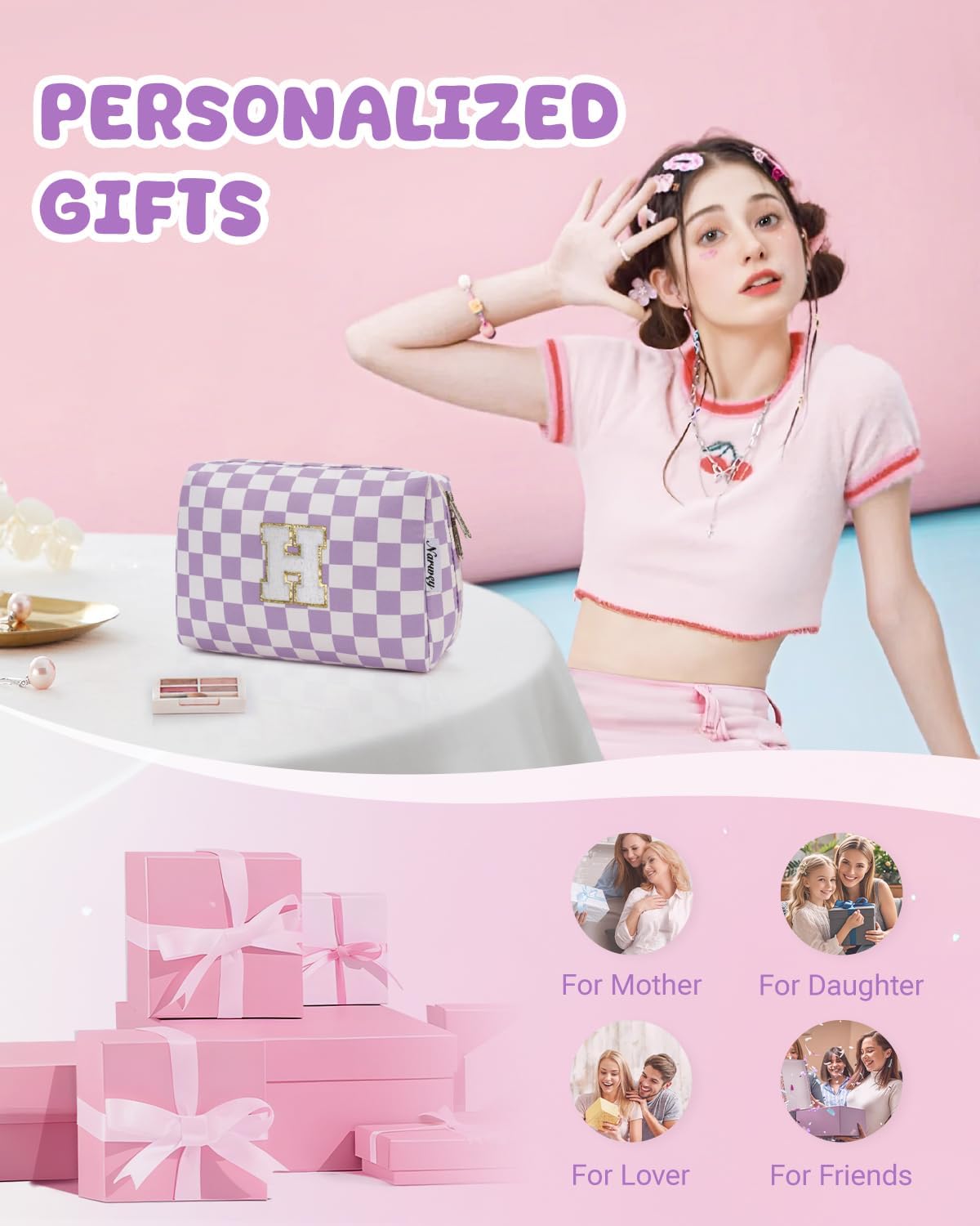 Narwey Birthday Gifts for Women Teen Girls Kids Personalized Initial Makeup Bag Monogram Preppy