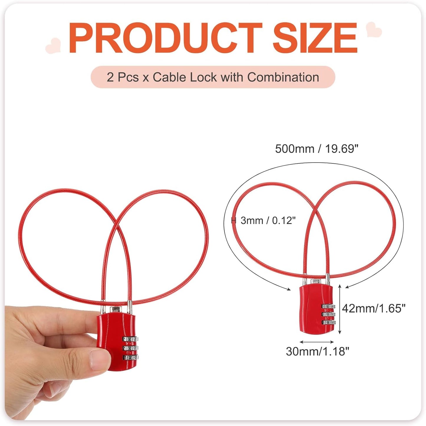MECCANIXITY 2 Pcs Luggage Travel Lock, 3 Digit Cable Combination Lock 1-3/16" Width Body with 20" Long Cable for Suitcase Bag Cabinets Small Fences Gym, Red