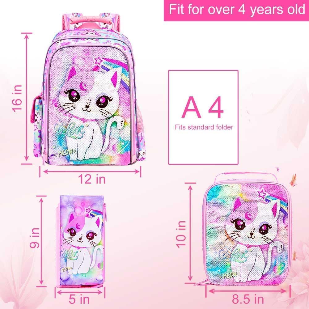 UFNDC 3PCS Girls Backpack, 16”Kids Cat Sequin Bookbag with Lunch Box, Water Resistant School Bag
