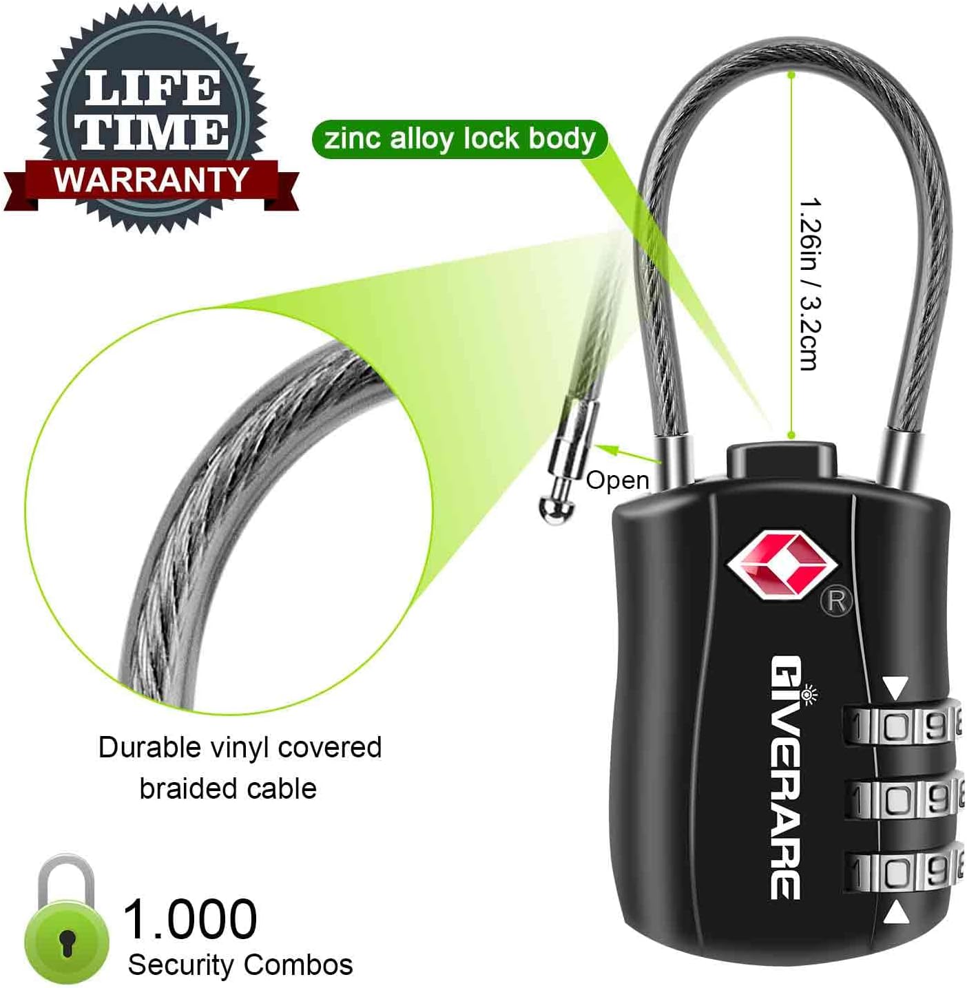 GIVERARE 4 Pack TSA Approved Luggage Locks, Combination Travel Cable Lock, Re-settable 3-Digit