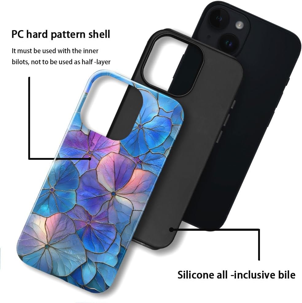Case for iPhone 14 - Slim Fit Anti-Scratch Phone Case for Girl Women - Blue Hydrangea Floral Stained Glass Aesthetic (Glossy)