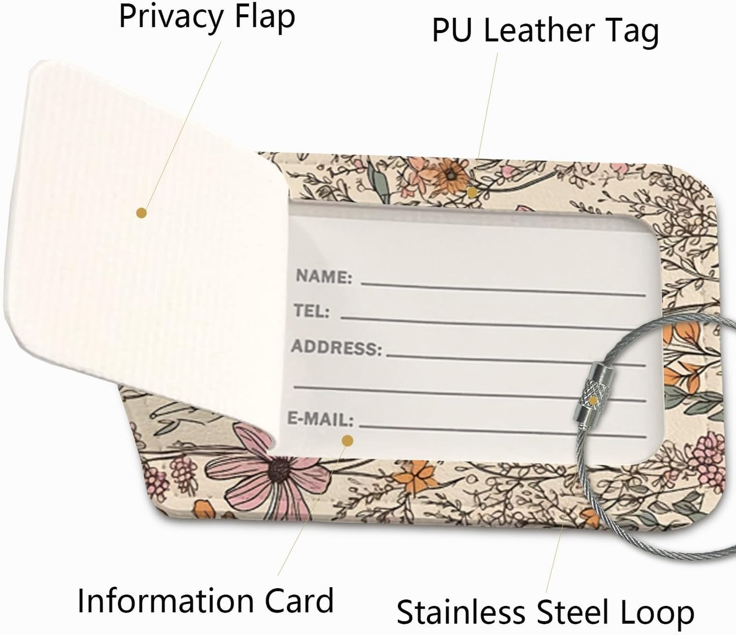 Vintage Retro Luggage Tags for Suitcases,Flower 2 Pack Baggage Tag Label with Steel Loop,Handbag School Bag Backpack Traveling Accessories,Flora Gifts for Women