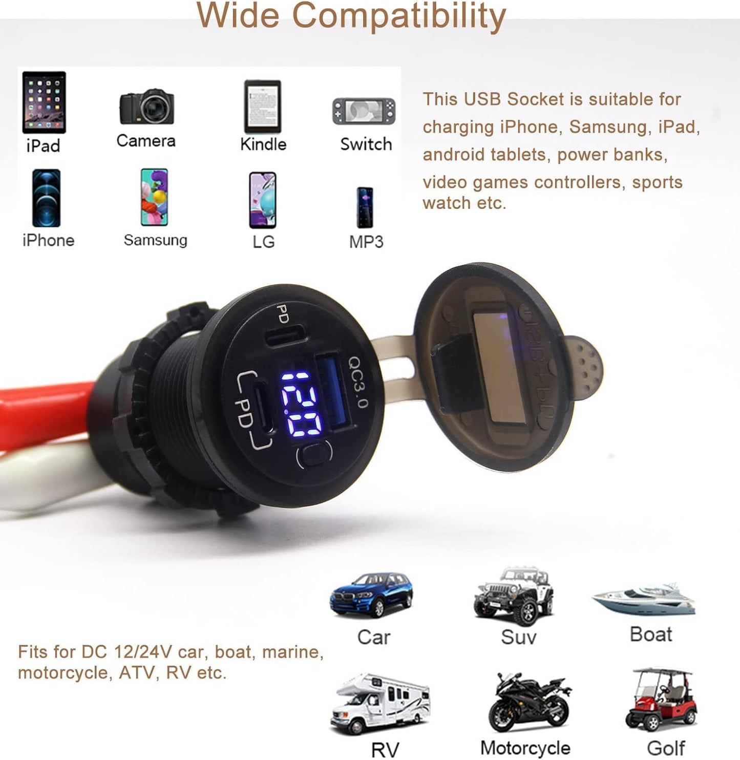 12V USB Outlet, Dual USB C Car Charger Socket & Quick Charge 3.0 Port with Voltmeter and Power Switch for Car Boat Marine Truck 2 Pack