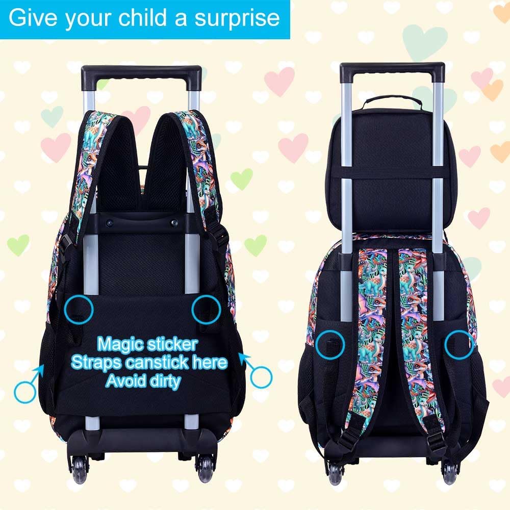 3PCS Rolling Backpack for Girls and Boys, Kids Roller Wheels Bookbag, Wheeled Elementary School Bag with Lunch Bag
