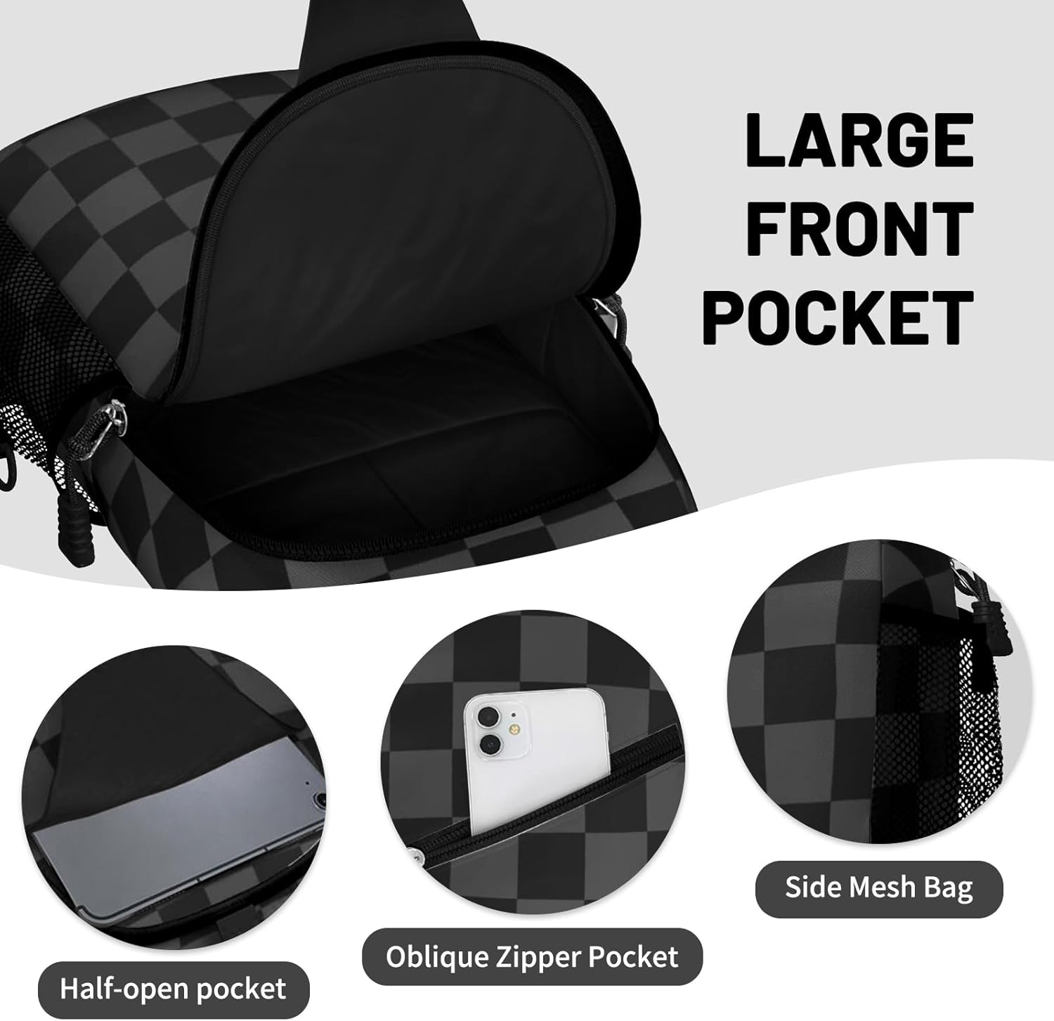 Gray Black Checkered Sling Bag Crossbody Chest Bag for Women Men,Water Resistant Lightweight Casual