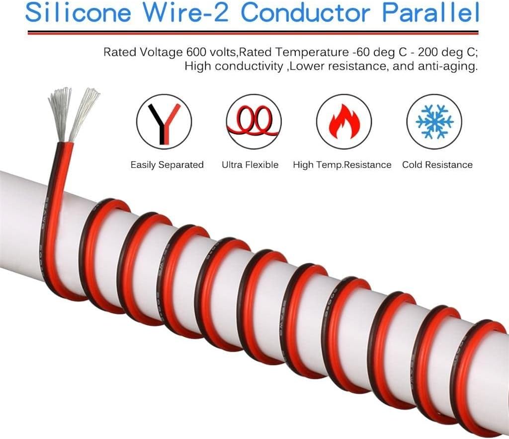 BNTECHGO 22 Gauge Flexible 2 Conductor Parallel Silicone Wire Spool Red Black High Resistant 200 deg C 600V for Single Color LED Strip Extension Cable Cord,Model,25ft Stranded Tinned Copper Wire