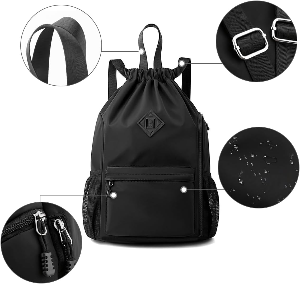 Valleycomfy Waterproof Drawstring Gym Backpack Bag for Men & Women,Sports Gym Bag with Side Pocket Black