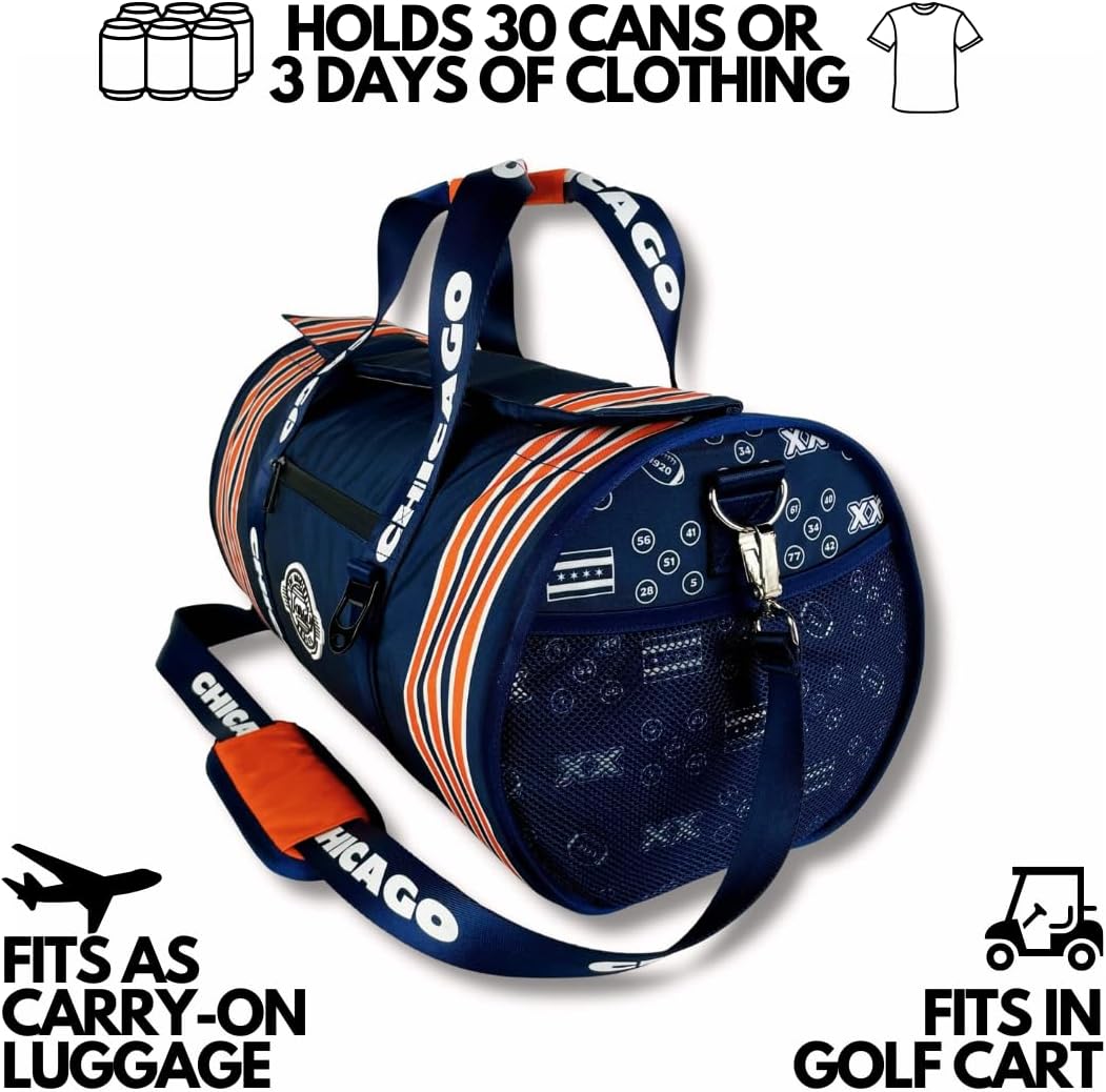 Varsity Cooler Chicago Travel Party Duffel & Cooler – 30 Can Leakproof Insulated Tote Bag, Waterproof Soft compartment for Tailgating, Golf, Beach, Carry-On Luggage & Outdoor Sports