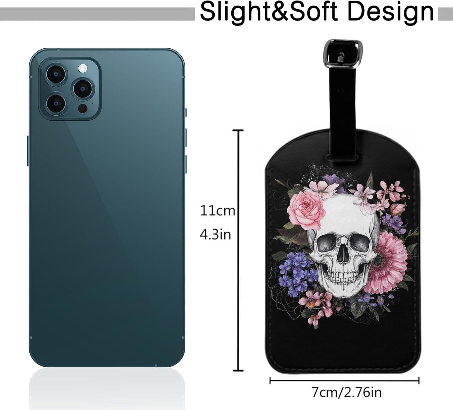 Skull and Flowers Leather Luggage Bag Case Tags Day of The Dead Horrible Baggage Suitcase Labels Name Tags Travel Accessories for Adult Women Men, 1 Pack Black