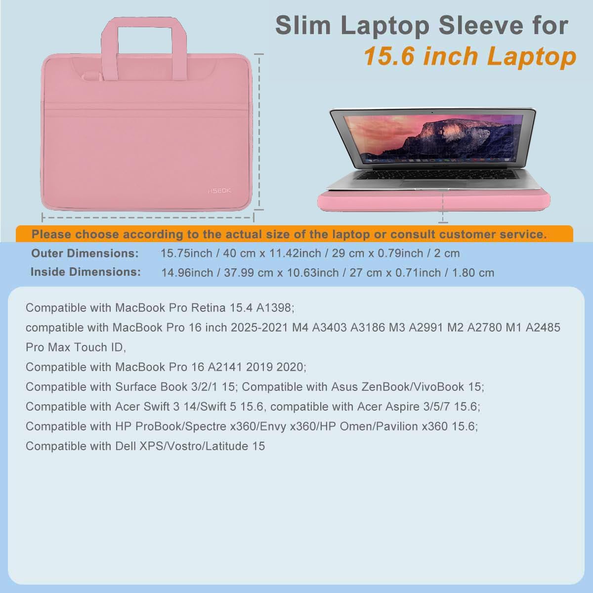 Laptop Case 15.6 inch Shoulder Bag, Durable Shockproof Protective Computer Carrying Briefcase with Multi-Pockets and Strap Compatible with Most 15.6 inch Notebooks,Pink