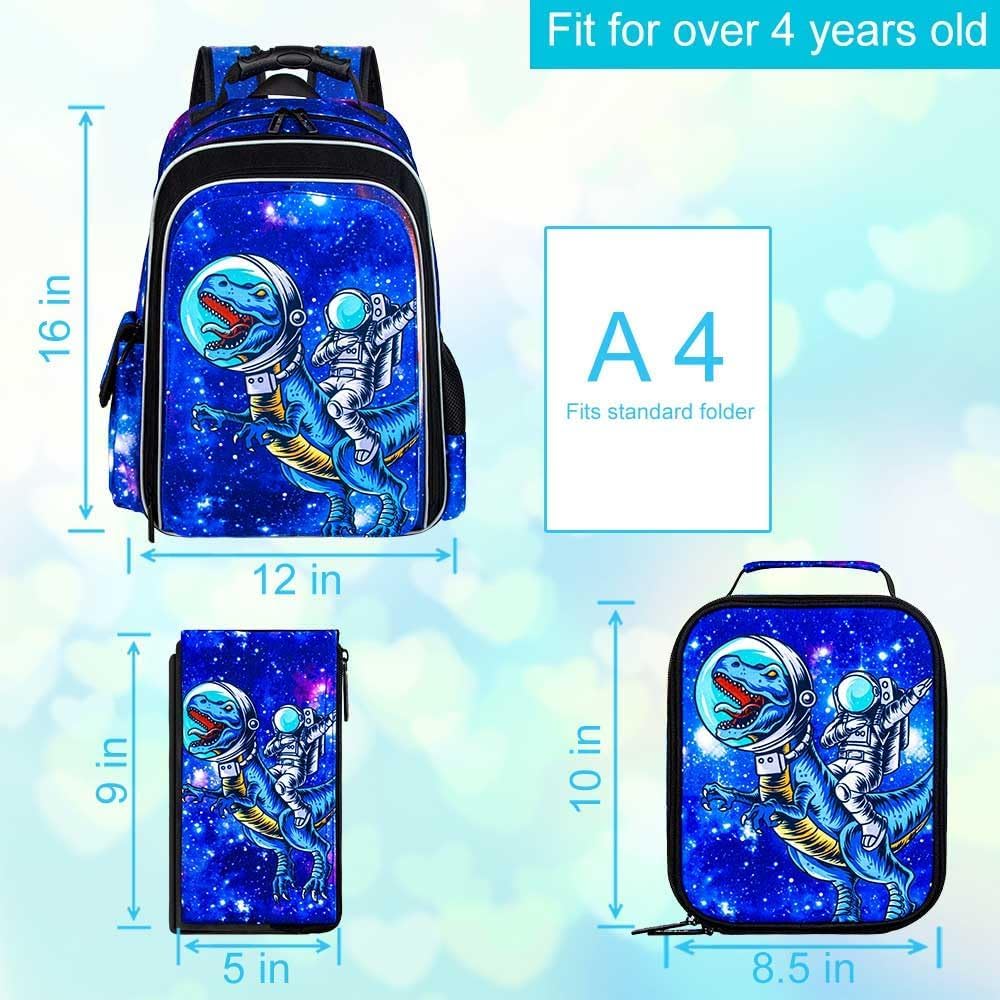 KLFVB 3PCS Cat Uni Dinosaur Backpack for Girls and Boys, 16" Kids Bookbag and Lunch Box, Preschool Backpacks for Elementary