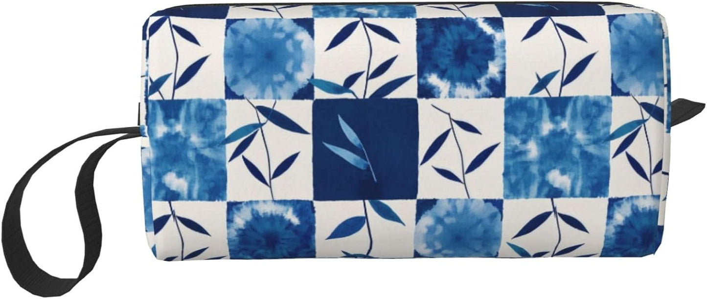 Blue And White Check Makeup Bag Small Compact Durable Travel Cosmetic Bag Organizer Oxford Fabric Multi-Purpose Storage Perfect for Travel, Gym, Daily Use