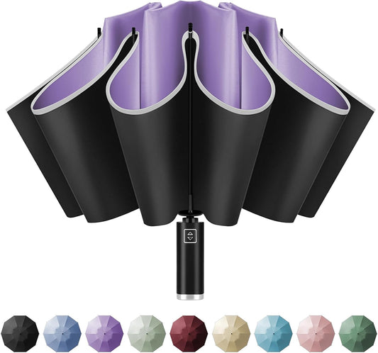 Yoobure Inverted Windproof Travel Umbrella - Automatic Umbrellas for Rain, Compact Folding with Reflective Stripe, Portable Large for Backpack, Lightweight with Sun UV Protection