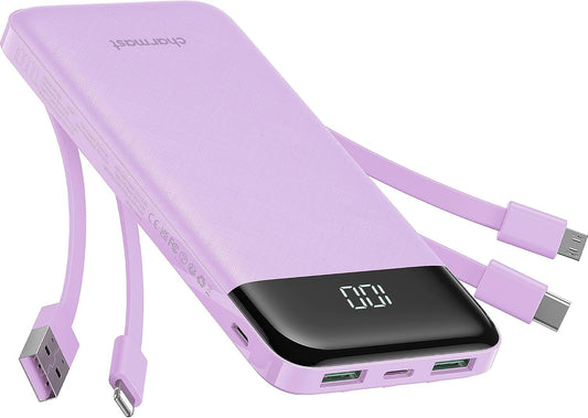 charmast Portable Charger with Built in Cables, Power Bank with Cords Wires, Slim 10000mAh Travel Battery Pack 6 Outputs 3 Inputs 6A Fast Charging for Samsung Google Pixel LG Moto iPhone iPad