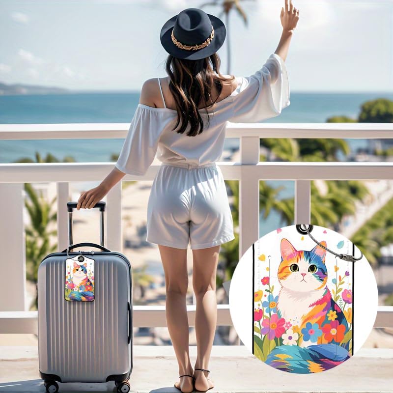 2 Pack Cute Cat Leather Luggage Tags for Suitcases, Travel Bag Tags with Privacy Cover ID Label with Stainless Steel Loop for Women Men Girls Backpack Gift (Colorful)
