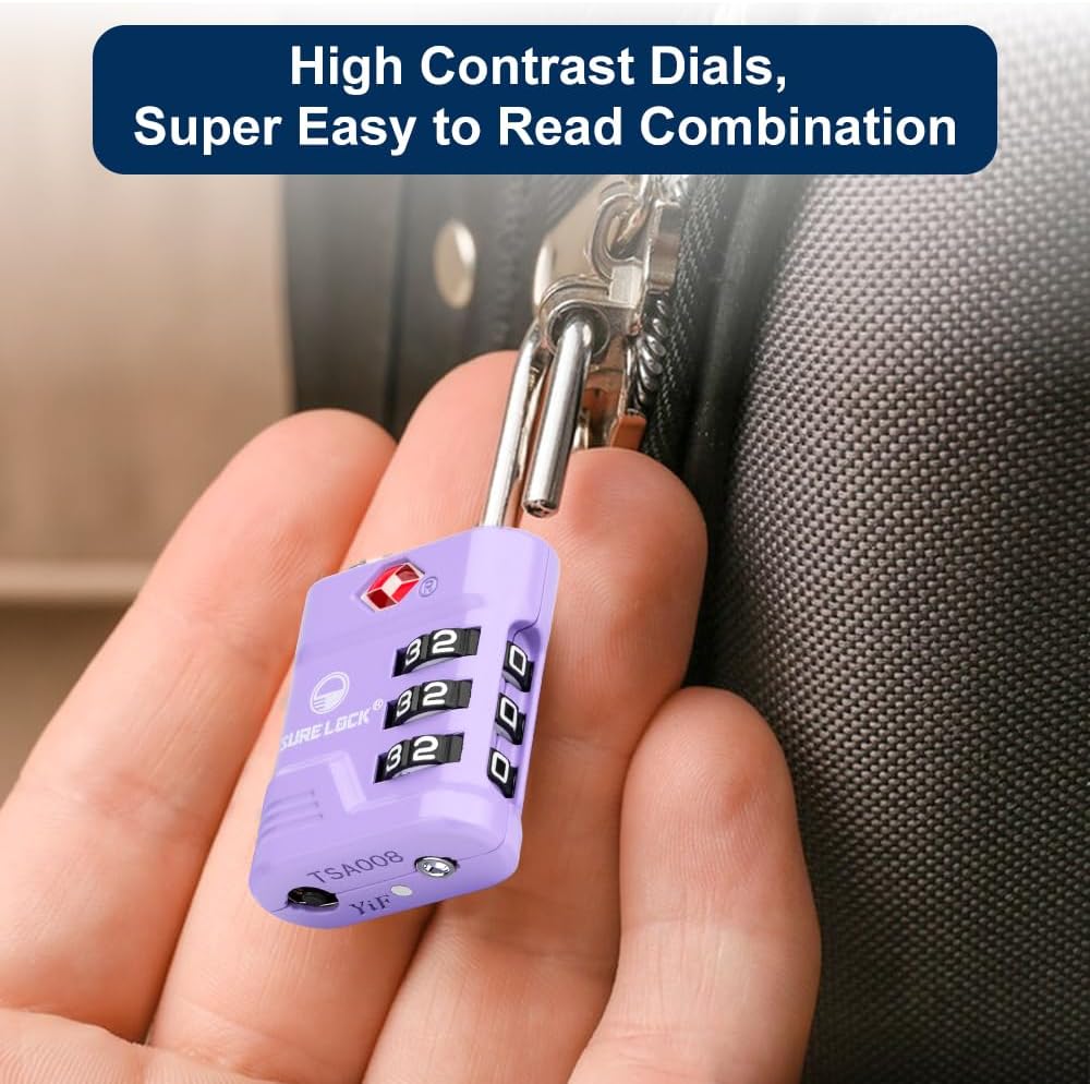SURE LOCK TSA Locks for Luggage, TSA Approved Luggage Locks with Open Alert, 008 Key for High Security, Easy Read Dials, Zinc Alloy Body, Locker Lock for Suitcase, Gym, Travel. (Purple 4 pk)