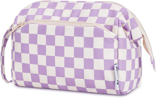 Narwey Checkered Makeup Bag Women Wide-open Make up Bag Travel Cosmetic Bag Organizer Toiletry Bag for Cosmetics Toiletries Accessories (Purple Checkerboard)