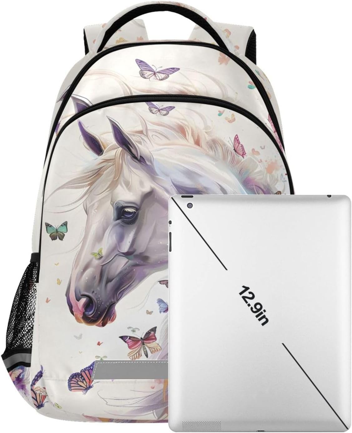 White Horse Butterfly Backpack for Girls Boys Elementary School Bag Kids Bookbag Travel Rucksack