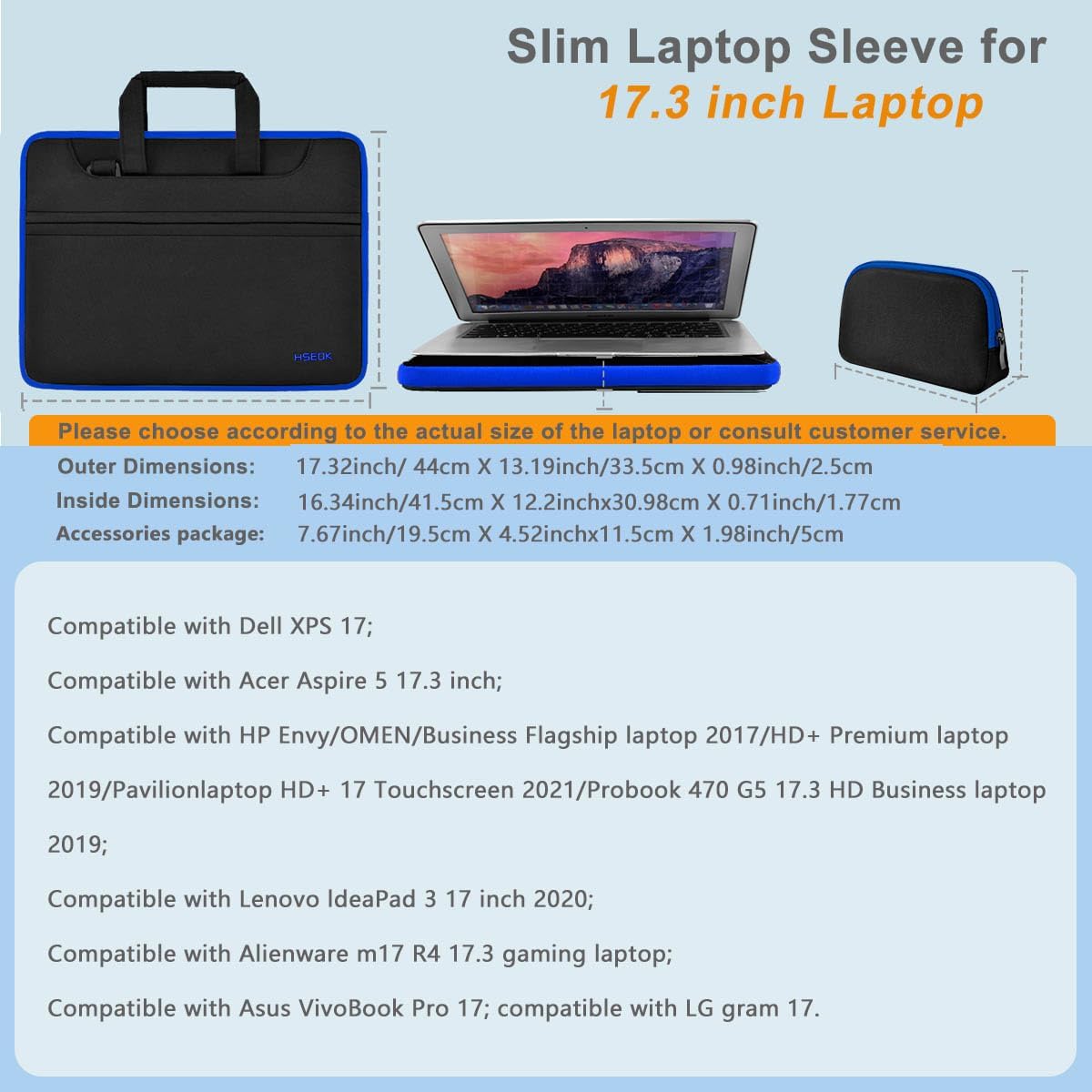 Hseok Laptop Shoulder Bag 17-17.3 inch Case, Durable Shockproof Protective Briefcase with Multi-Pockets Compatible with Lenovo Most 17-17.3 inch HP Acer Dell ASUS MSI Notebooks,Black-blue