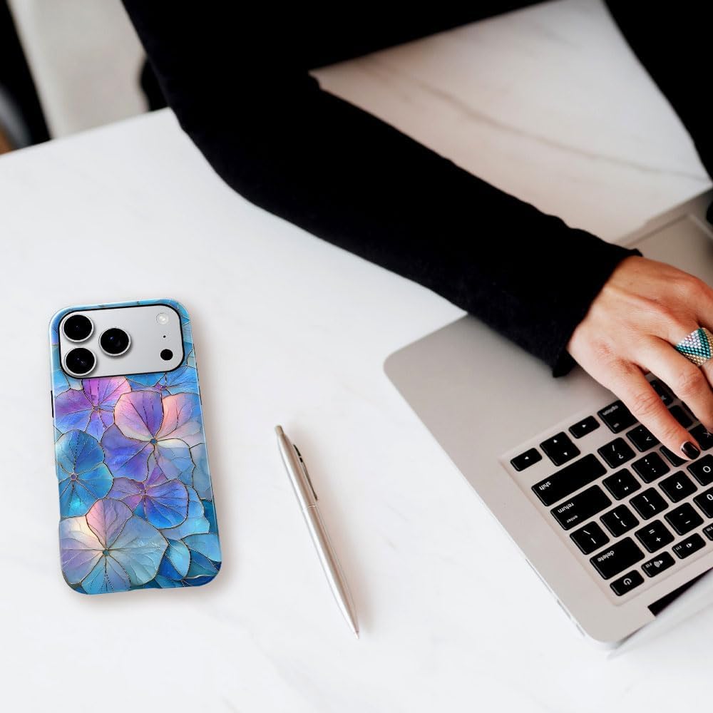 Case for iPhone 17 Pro - Slim Fit Anti-Scratch Phone Case for Girl Women - Blue Hydrangea Floral Stained Glass Aesthetic (Glossy)