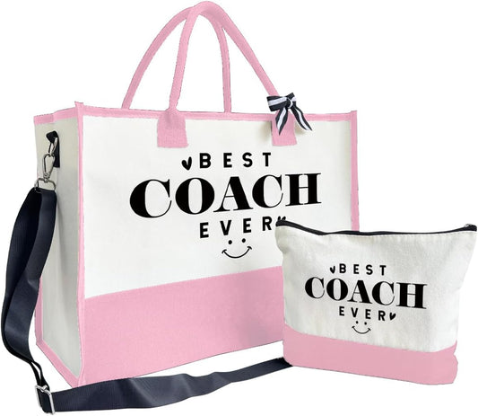 SUSZDOU Gifts for Best Coach Ever - Canvas Beach Tote Bag with Matching Makeup Pouch, Durable Travel Gym Camping Bag, Thank You Gift for Sports Coach, Female Trainers Gifts for Women E1